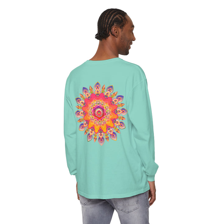 Colorful and intricate mandala design featured on a unisex long sleeve t-shirt