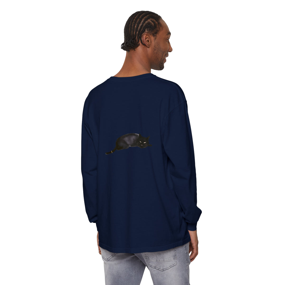 A cozy unisex long sleeve t-shirt featuring a sleeping black cat design