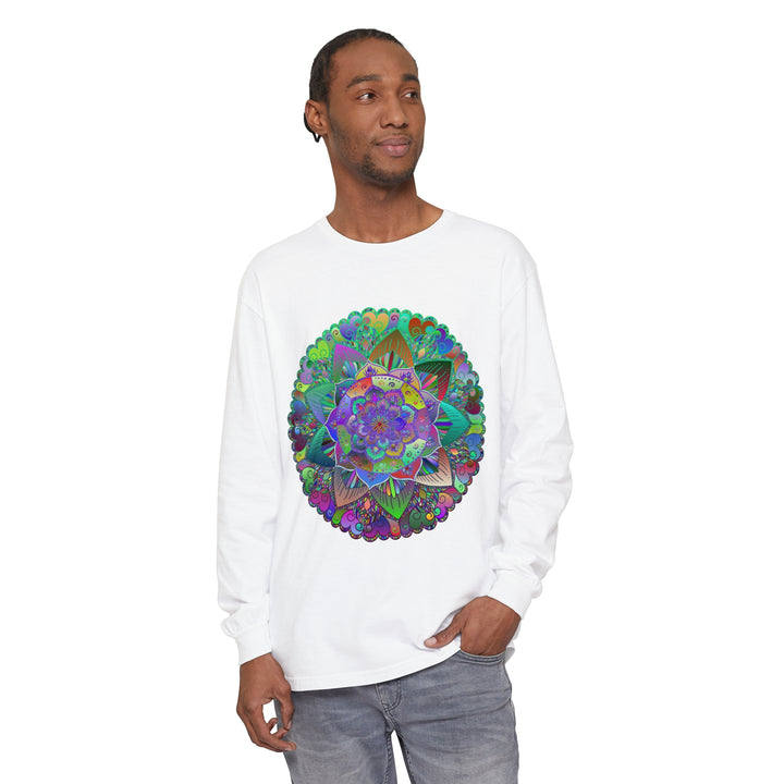 Colorful and intricate mandala design on a comfortable long sleeve t-shirt, suitable for both men and women