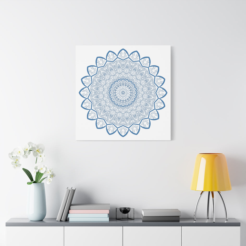 Handmade Mandala Art featuring a Steel Blue Mandala Design on Matte Canvas, Stretched and 125 inches thick, perfect for wall decor