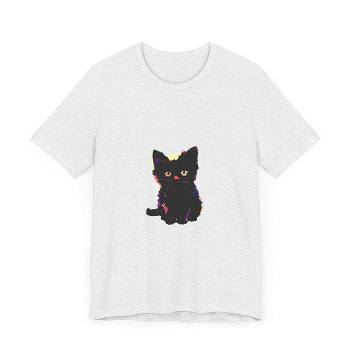 A playful and adorable graphic tee featuring a cute black cat design