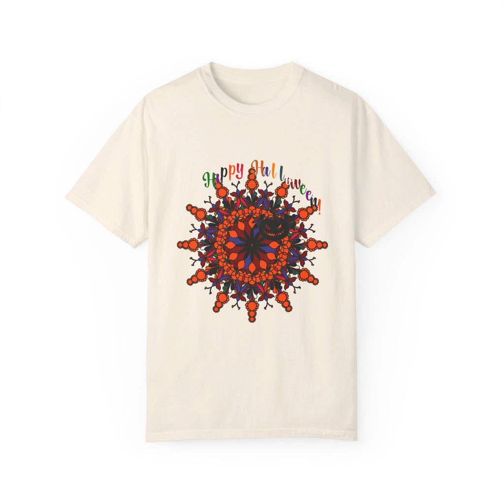 Orange unisex t-shirt featuring handmade pumpkin mandala art perfect for Halloween