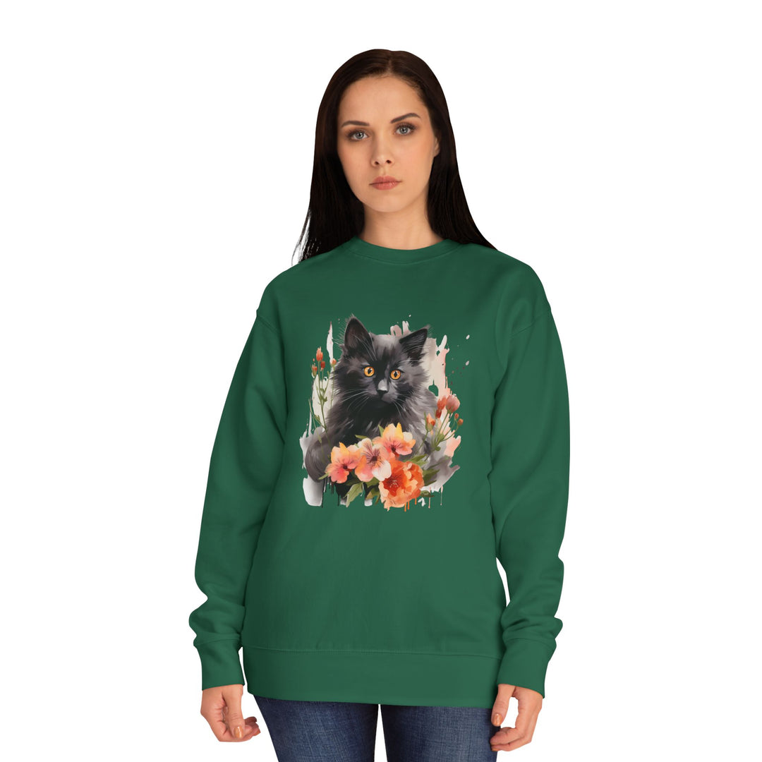 Black Cat and Blossoming Flowers Soft Cotton Sweatshirt