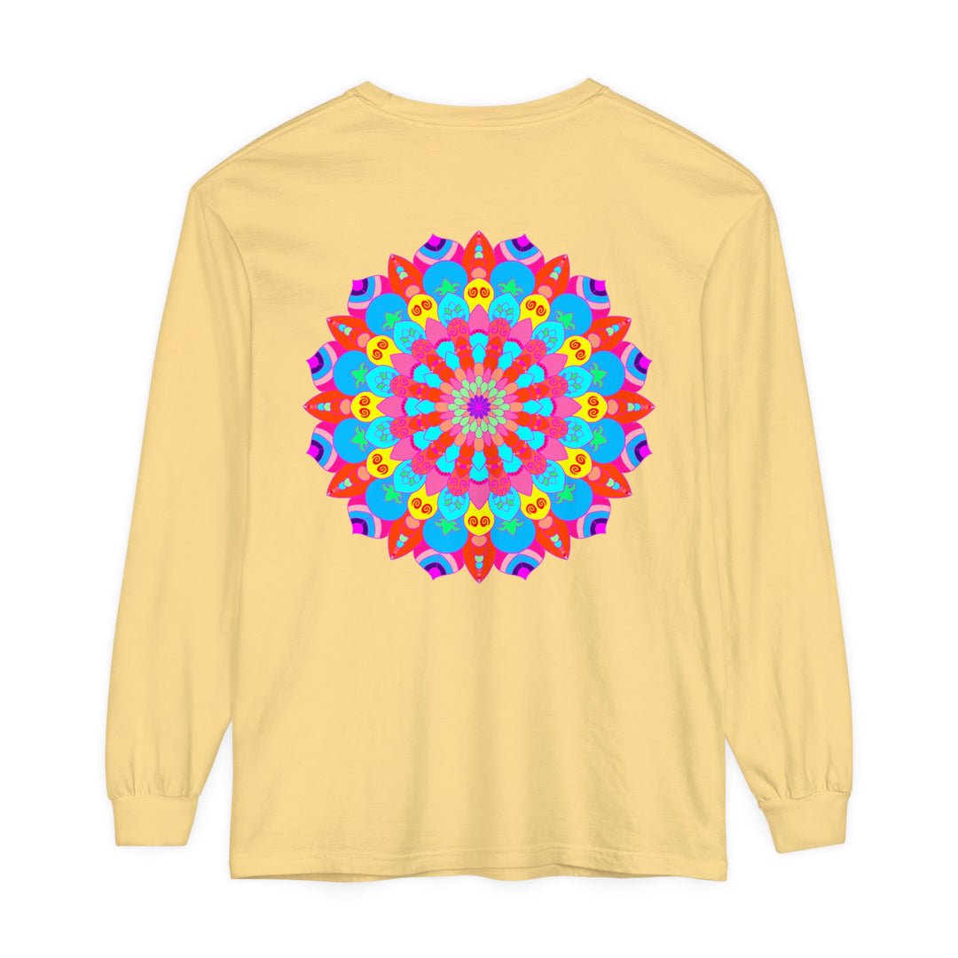 Vibrantly colored mandala design on a unisex long sleeve t-shirt