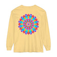Vibrantly colored mandala design on a unisex long sleeve t-shirt