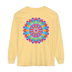 Vibrantly colored mandala design on a unisex long sleeve t-shirt