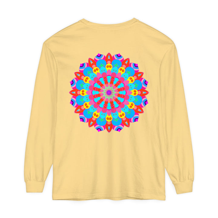 Vibrantly colored mandala design on a unisex long sleeve t-shirt