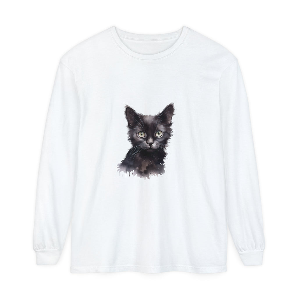 Black Cat Watercolor Long Sleeve T-Shirt with vibrant watercolor cat design