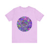 Close-up image of a vibrant and intricate psychedelic mandala t-shirt in various colors