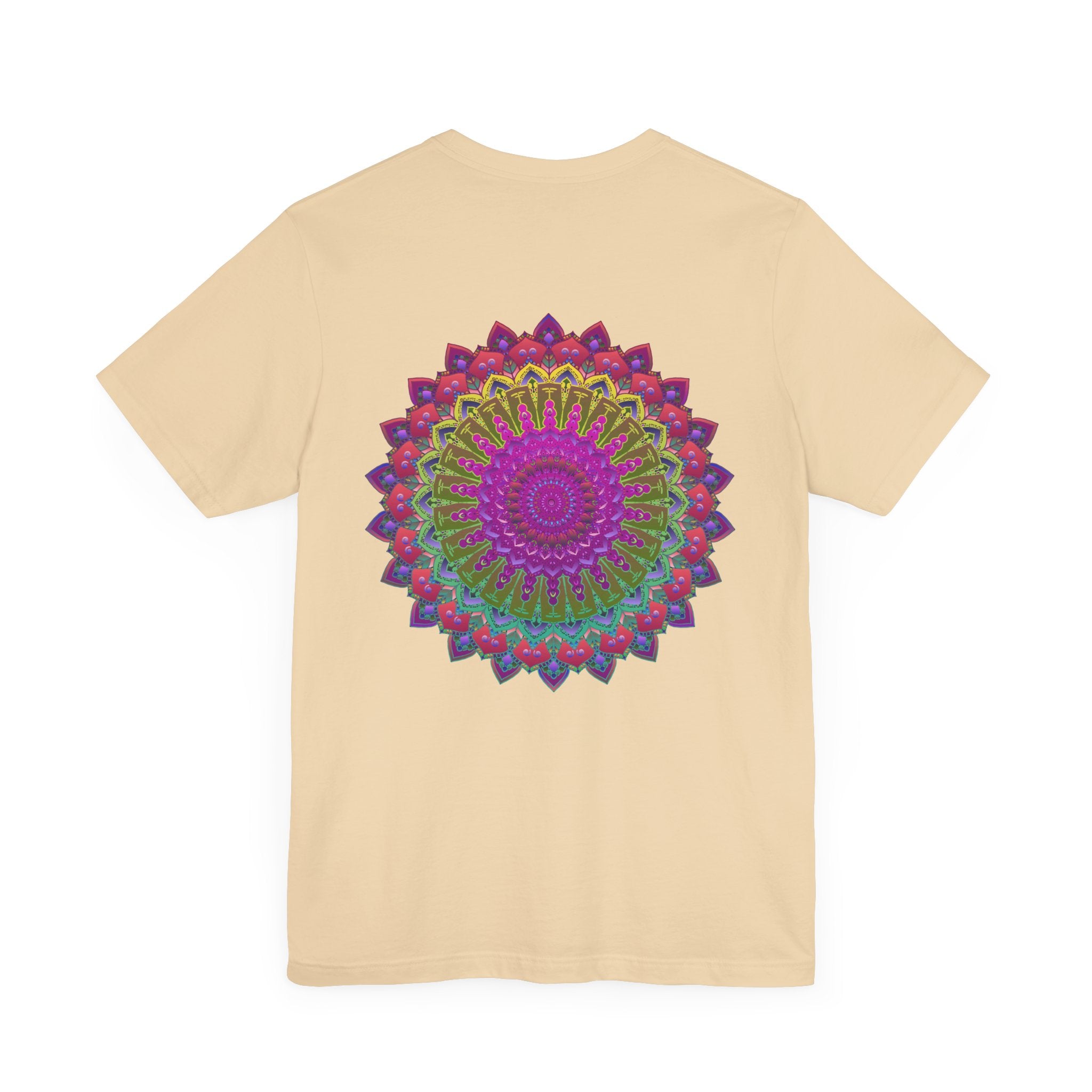 A colorful and intricate mandala design on a tee, representing spiritual peace and harmony in vibrant colors