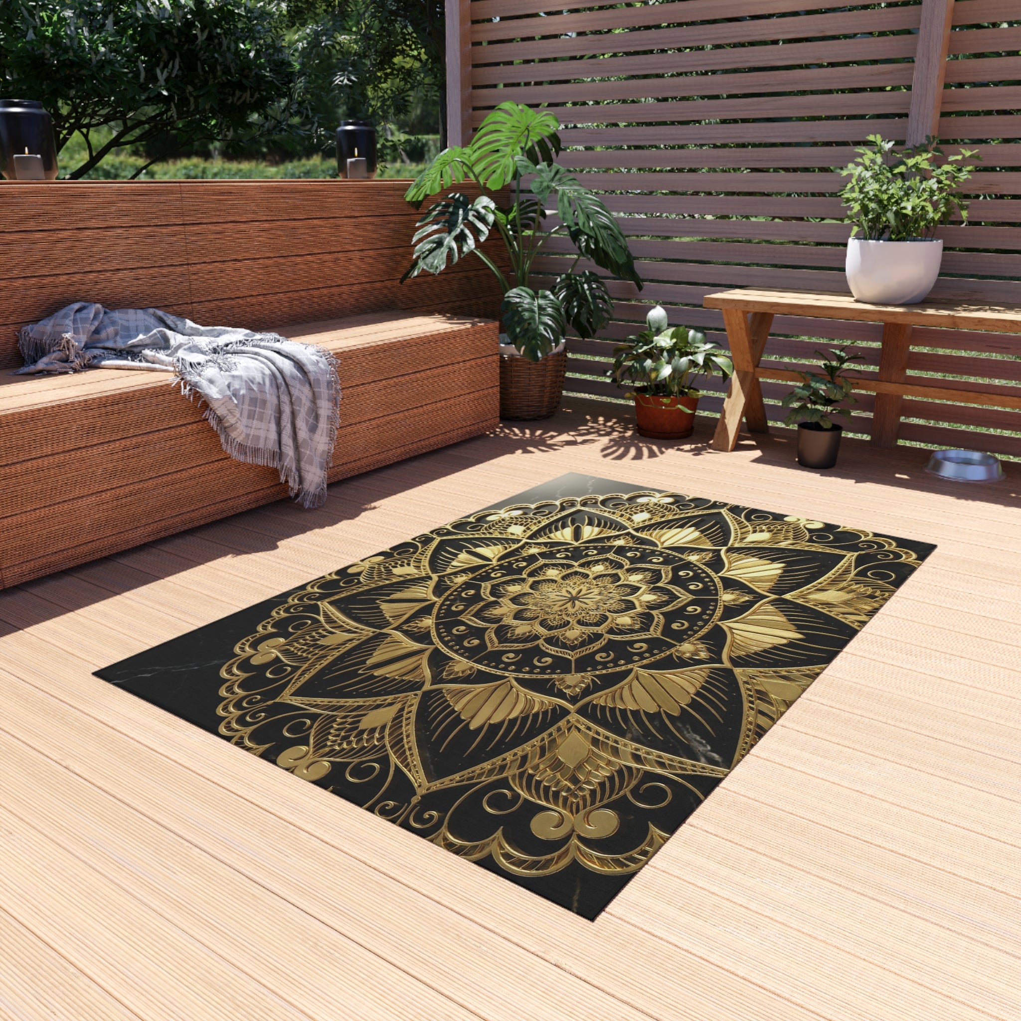 Gold Mandala Outdoor Rug — Boho Patio Mat for Porch, Deck & Garden
