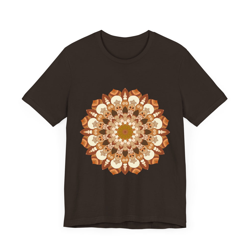 A close-up image of a brown and orange Intricate Mandala Tee, featuring intricate and detailed mandala designs in earthy hues