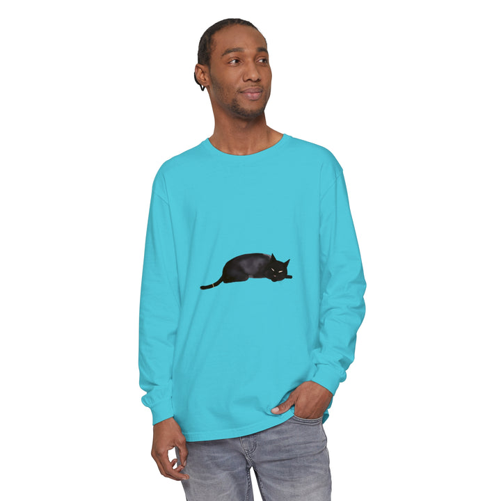 Adorable black cat sleeping peacefully on a unisex long sleeve t-shirt