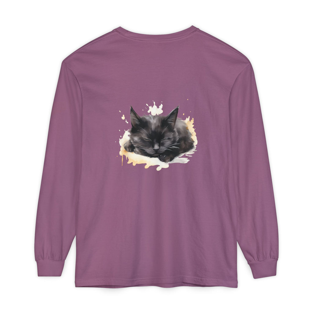 Langarm-T-Shirt mit Aquarellmotiv „Schlafende Katze“