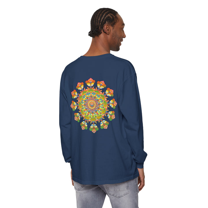 Vibrant and colorful long sleeve t-shirt with a mandala design