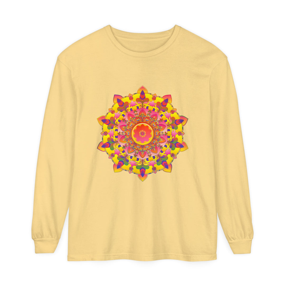 Colorful and intricate mandala design on a unisex long sleeve t-shirt