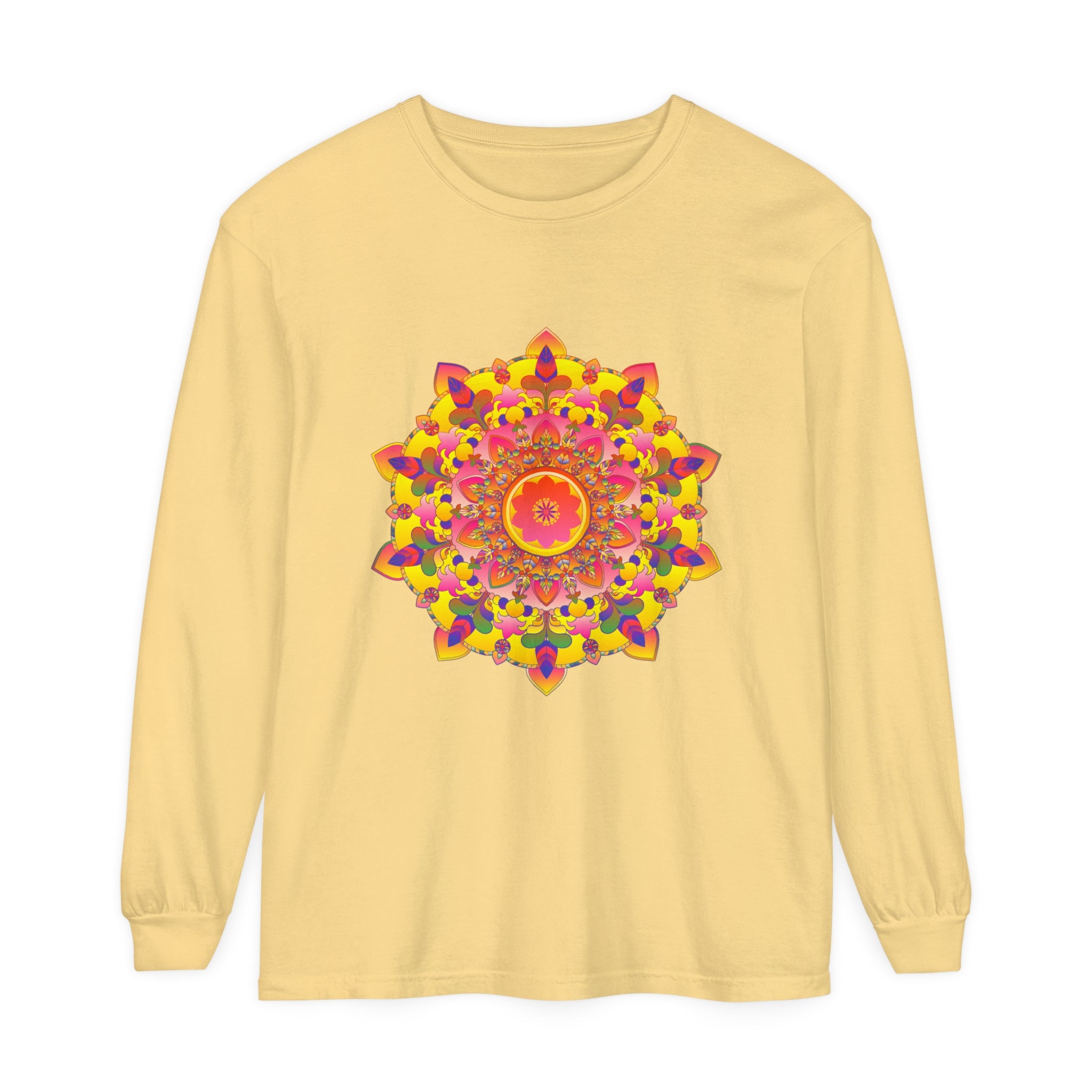 Colorful and intricate mandala design on a unisex long sleeve t-shirt