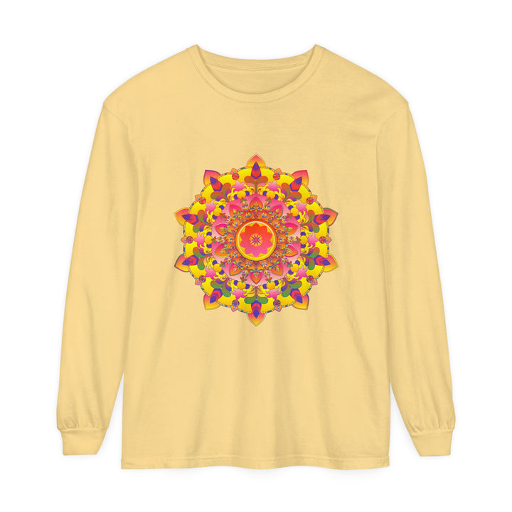 Colorful and intricate mandala design on a unisex long sleeve t-shirt