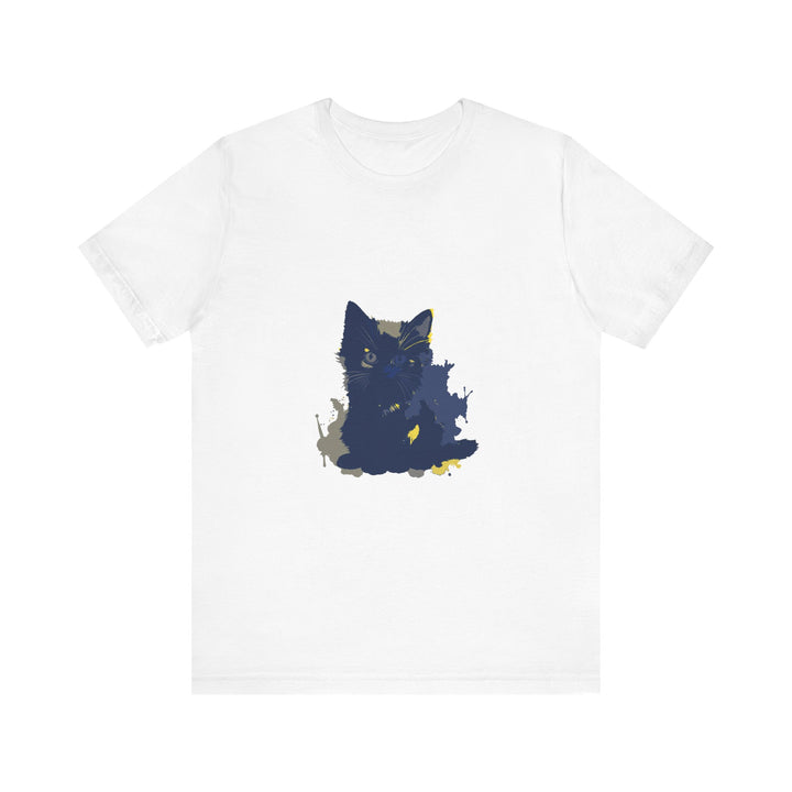 Midnight Blue Cat Mystery T-Shirt: A comfortable cotton shirt featuring a curious cat silhouette against a deep blue background