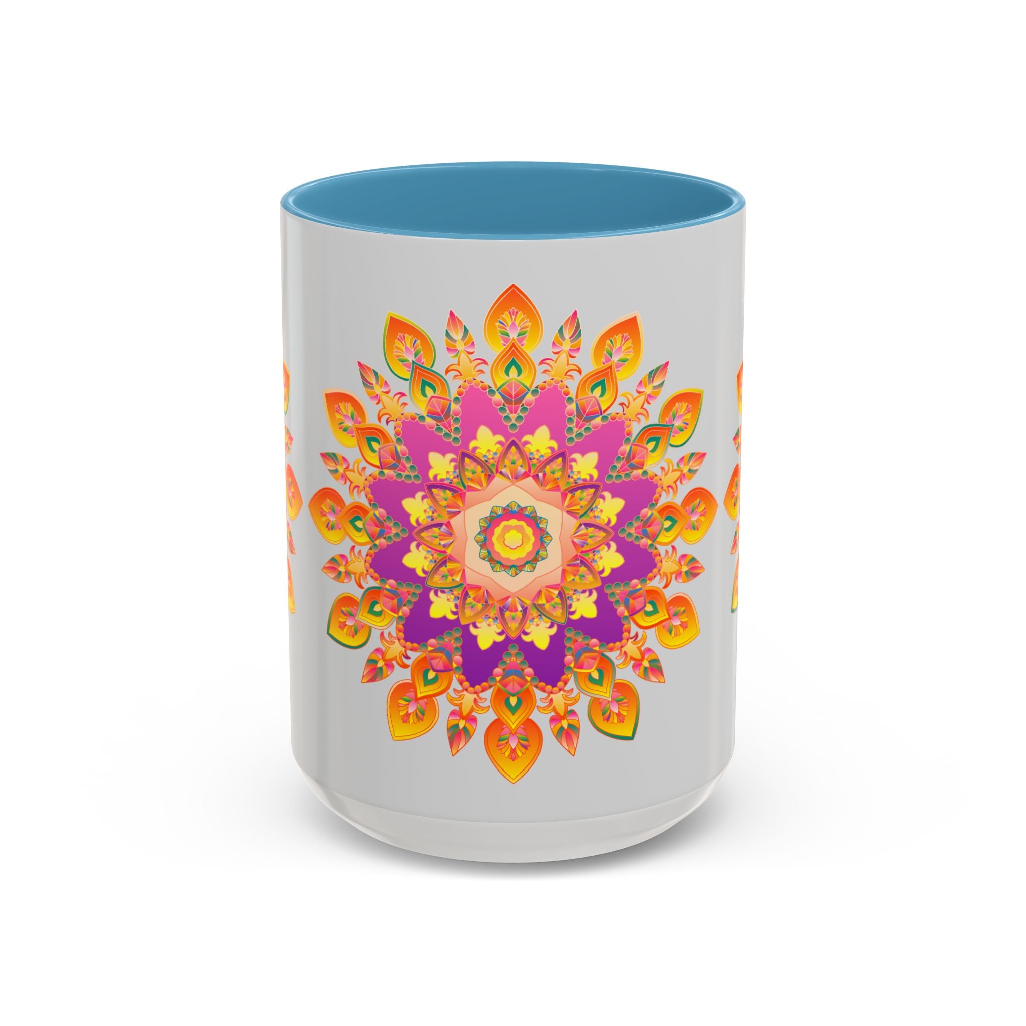 A ceramic white mug with a colorful, intricate mandala floral design