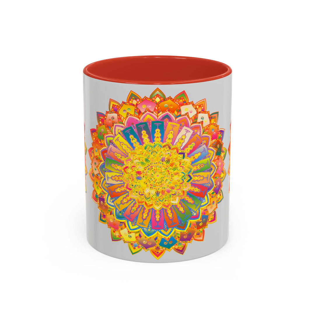 Beautiful and vibrant mandala design in various colors on a grey ceramic mug