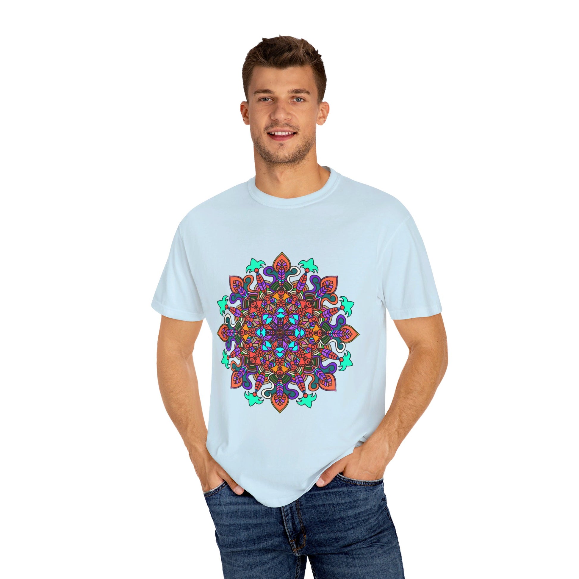 Unisex Mandala T-Shirt featuring intricate Hand-Drawn Mandala Art, made from 100% Ring-Spun Cotton and Garment-Dyed for Extra Comfort