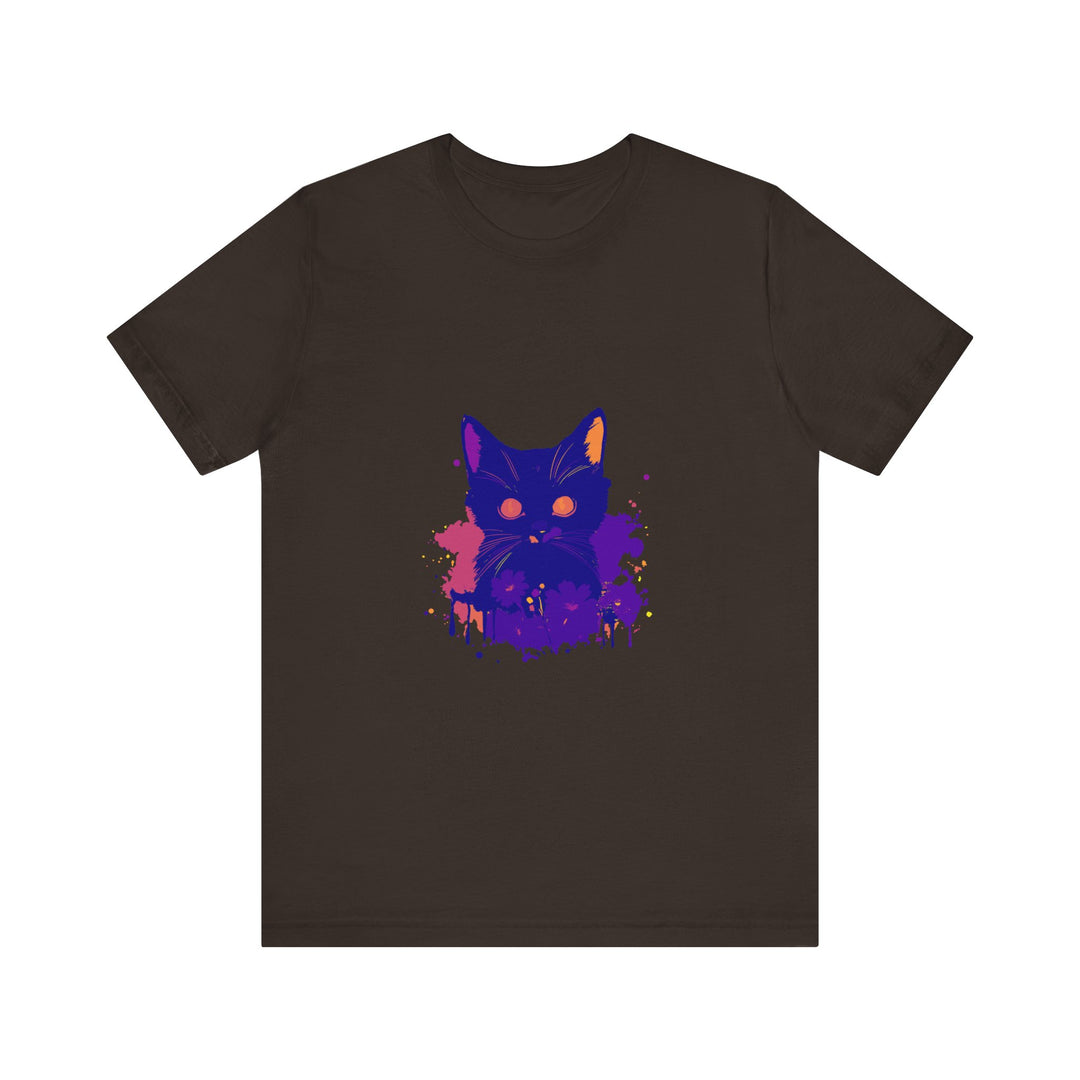 Black Cat Mystery - Abstract Art T-Shirt featuring a mysterious black cat surrounded by intricate and captivating abstract designs, perfect for adding a touch of intrigue to your wardrobe