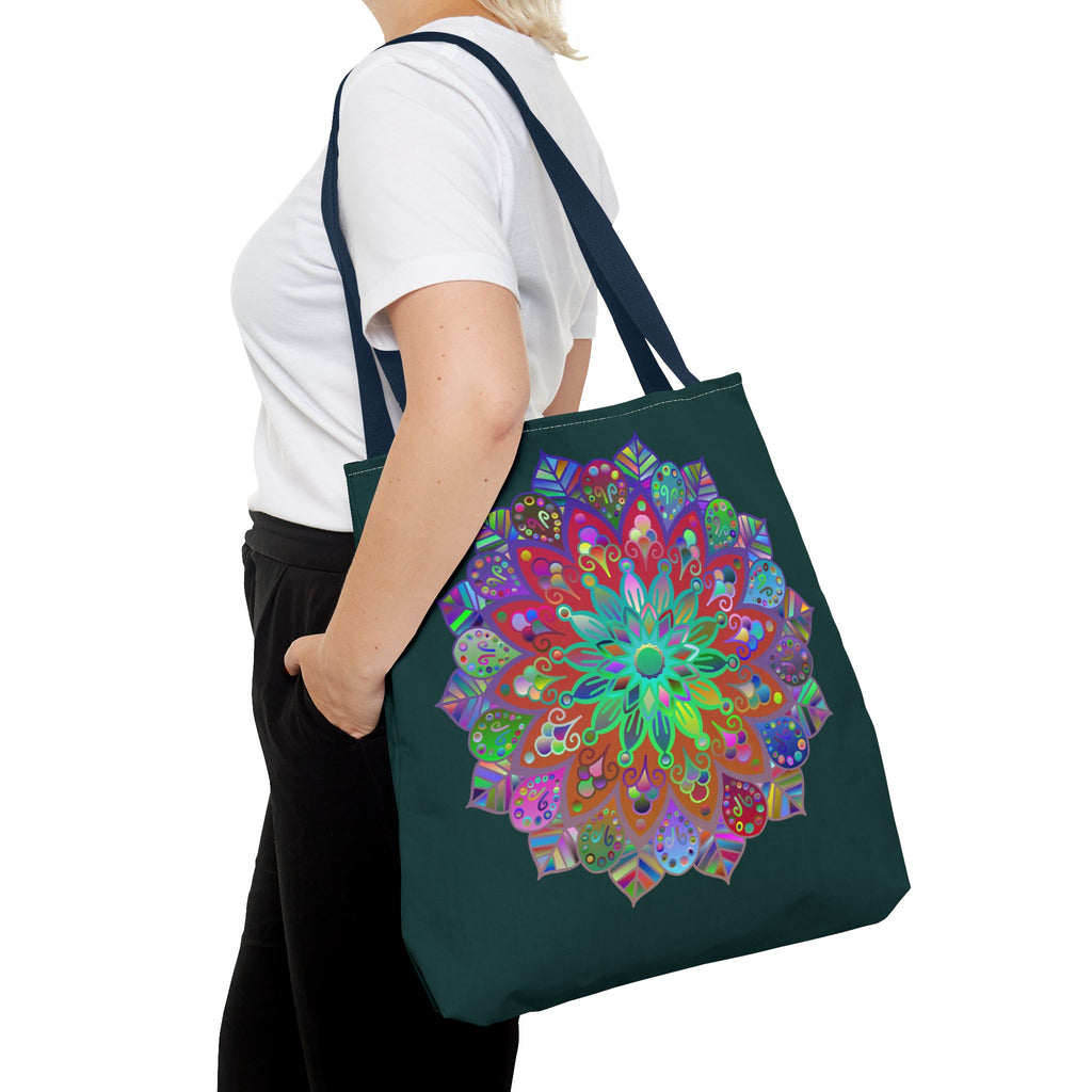 Dark green tote bag with intricate and colorful mandala design