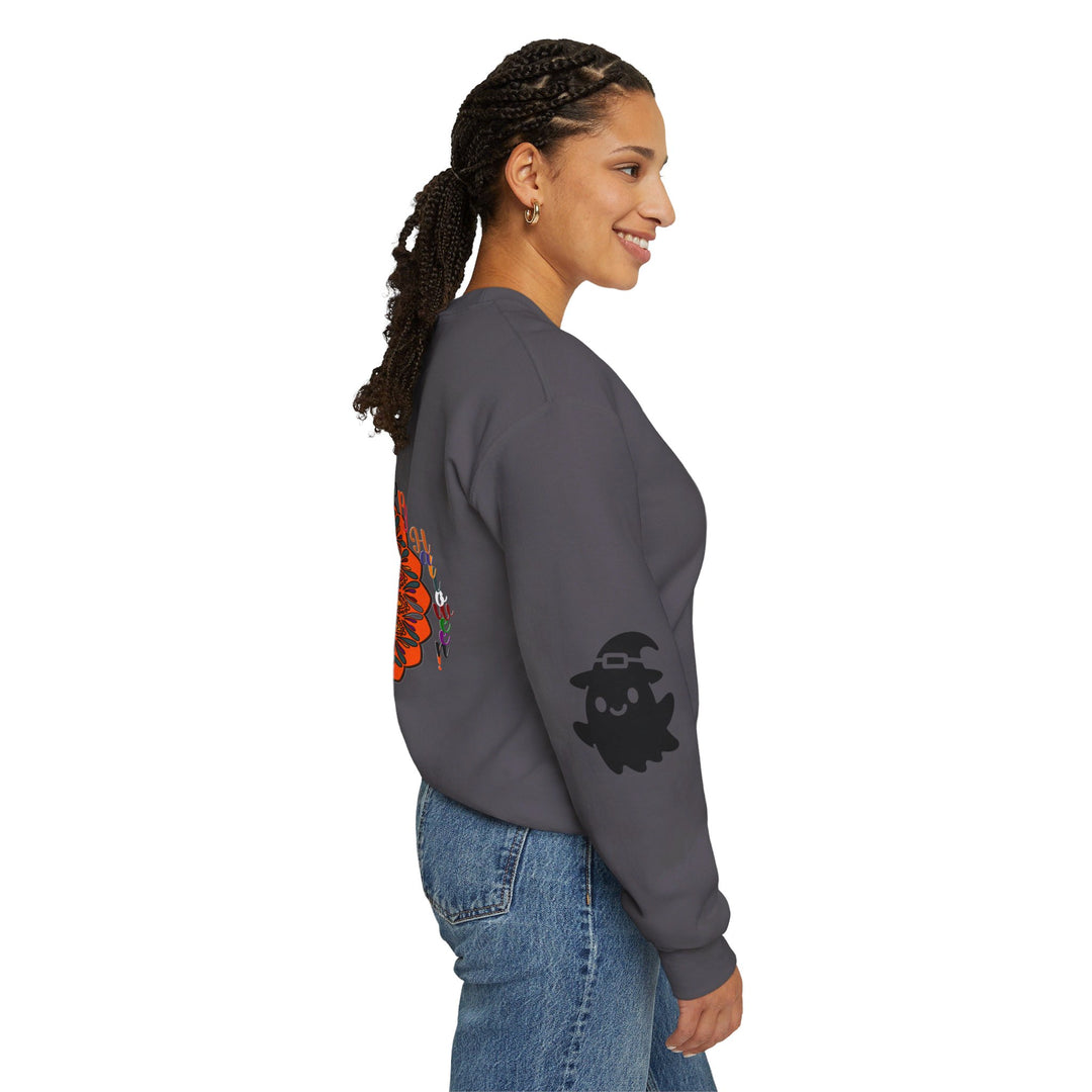 Unisex Heavy Blend™ Crewneck Sweatshirt featuring a Halloween design with cute ghosts