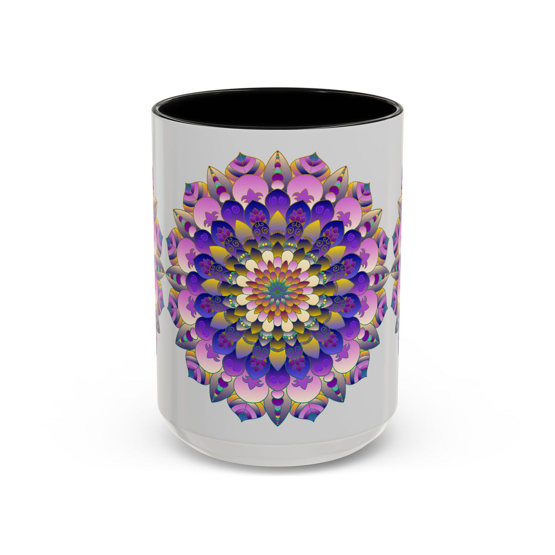 Colorful mandala art design on a grey ceramic mug, perfect for coffee or tea