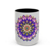 Colorful mandala art design on a grey ceramic mug, perfect for coffee or tea