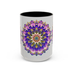 Colorful mandala art design on a grey ceramic mug, perfect for coffee or tea