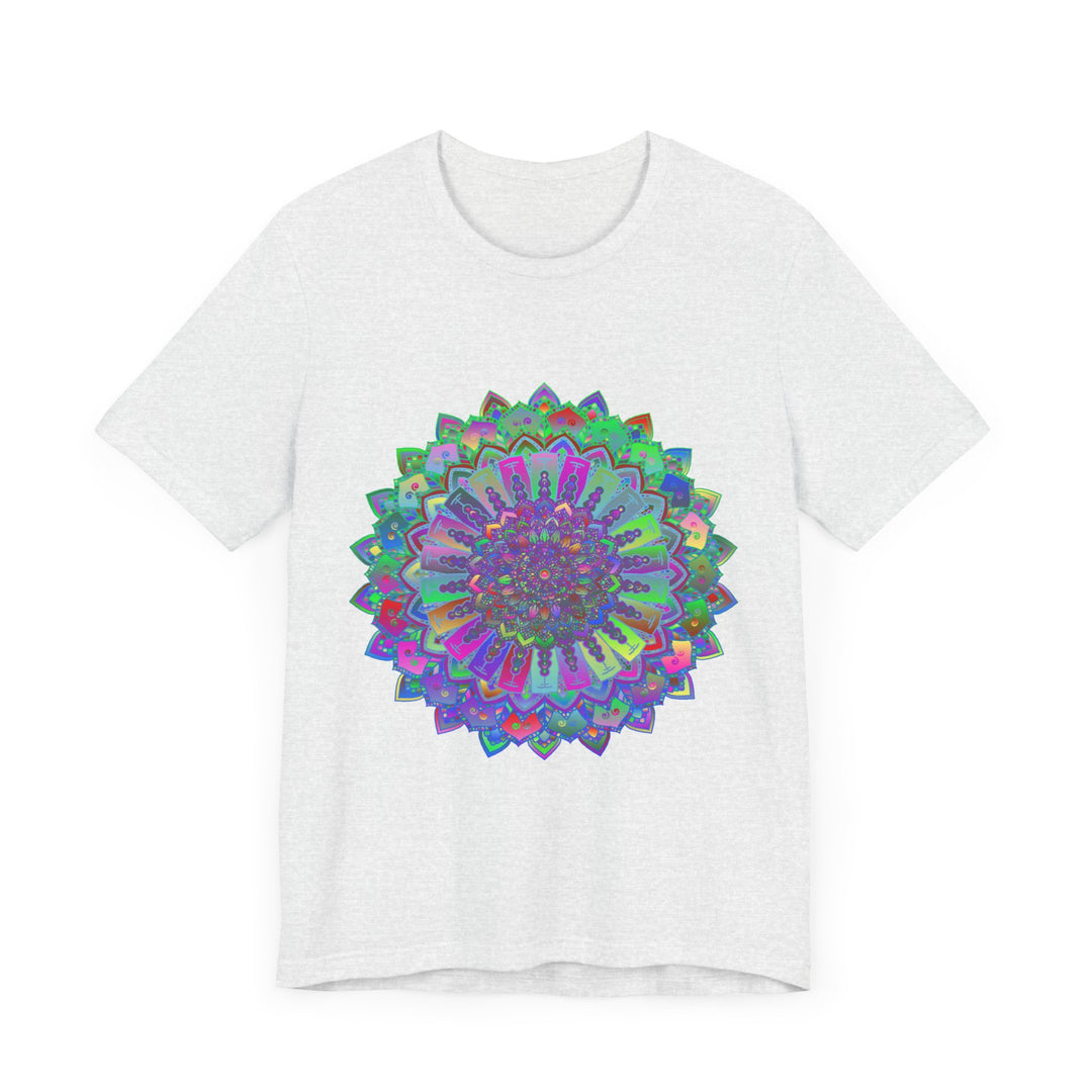 A vibrant and intricate mandala design T-shirt featuring an array of colorful patterns and details