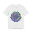 A vibrant and intricate mandala design T-shirt featuring an array of colorful patterns and details