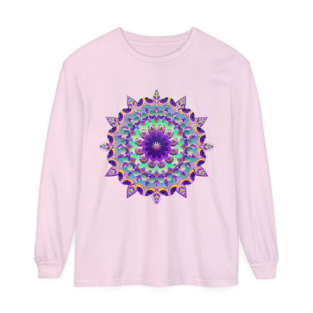 Colorful and intricate psychedelic mandala design on a long sleeve t-shirt