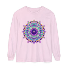 Colorful and intricate psychedelic mandala design on a long sleeve t-shirt