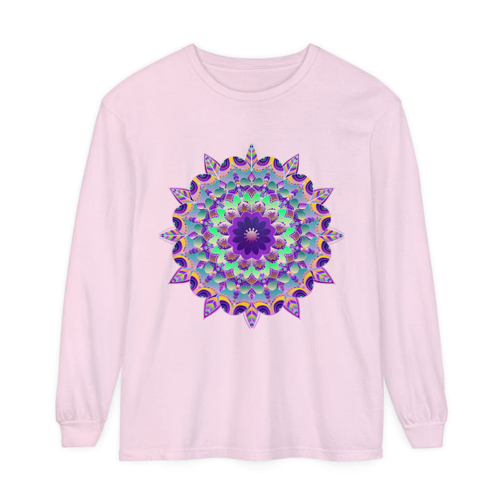 Colorful and intricate psychedelic mandala design on a long sleeve t-shirt