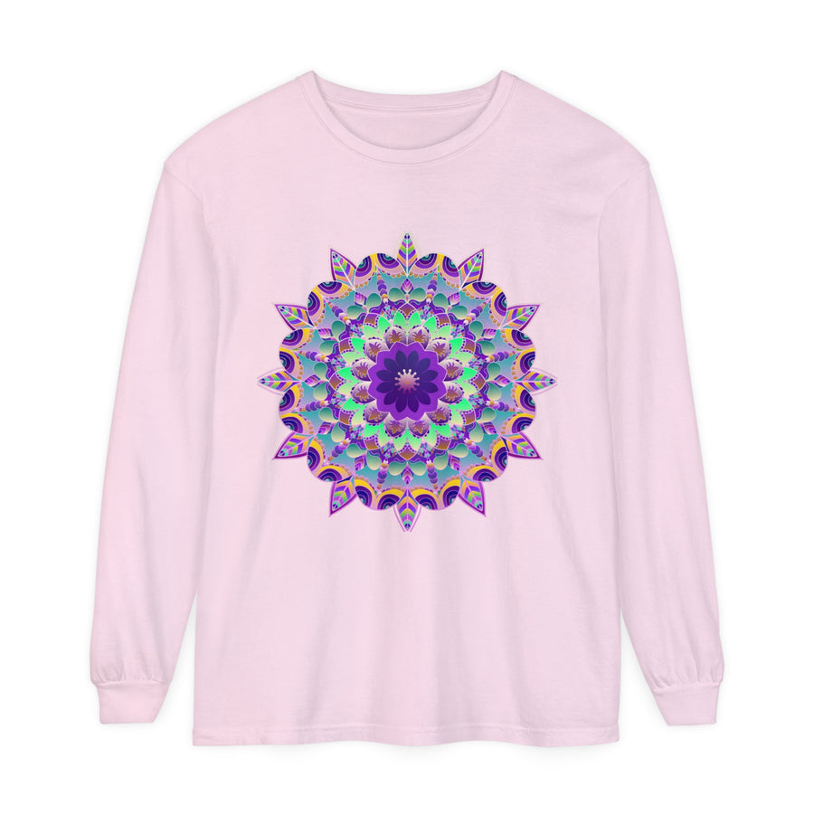 Colorful and intricate psychedelic mandala design on a long sleeve t-shirt