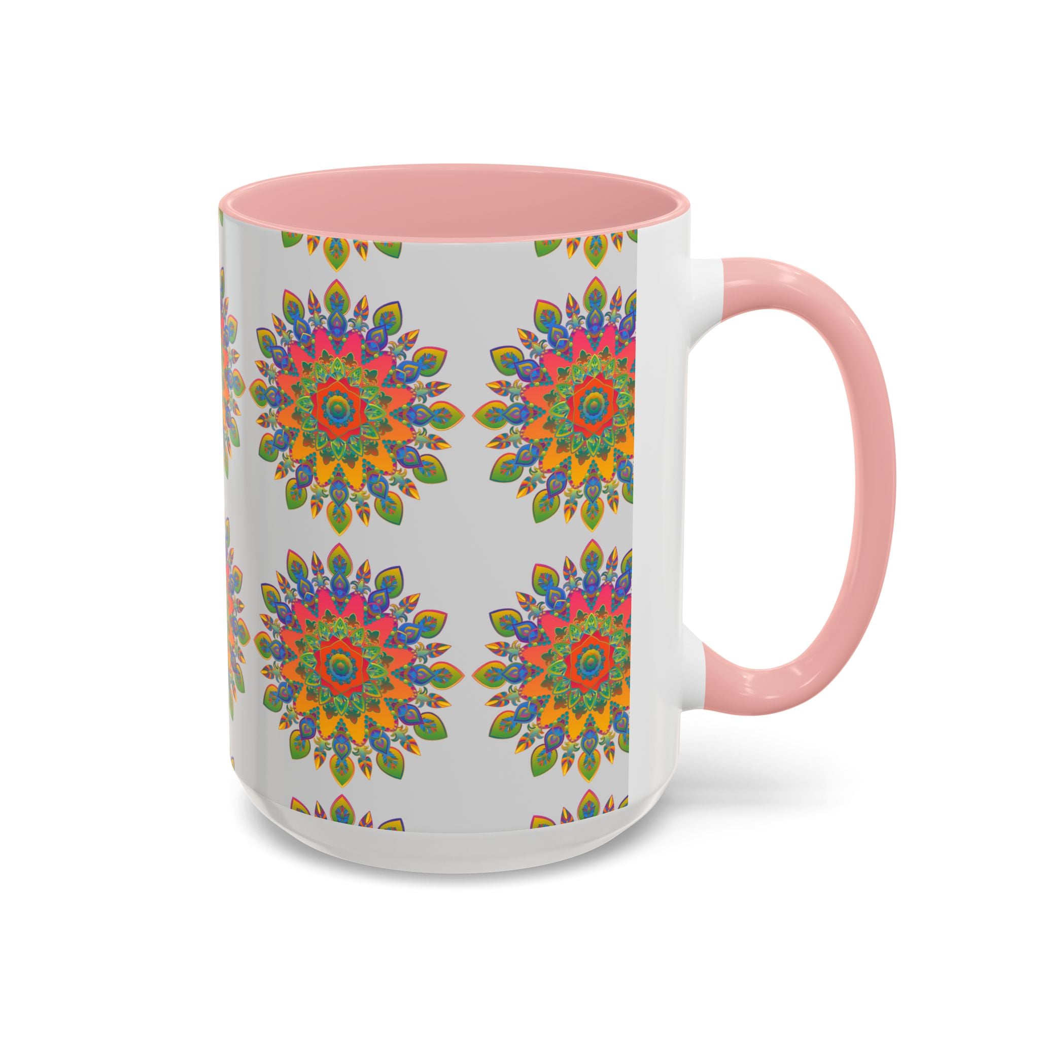 Colorful and intricate mandala design printed on a grey ceramic mug