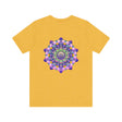 A vibrant mandala t-shirt featuring intricate patterns symbolizing spiritual peace and harmony