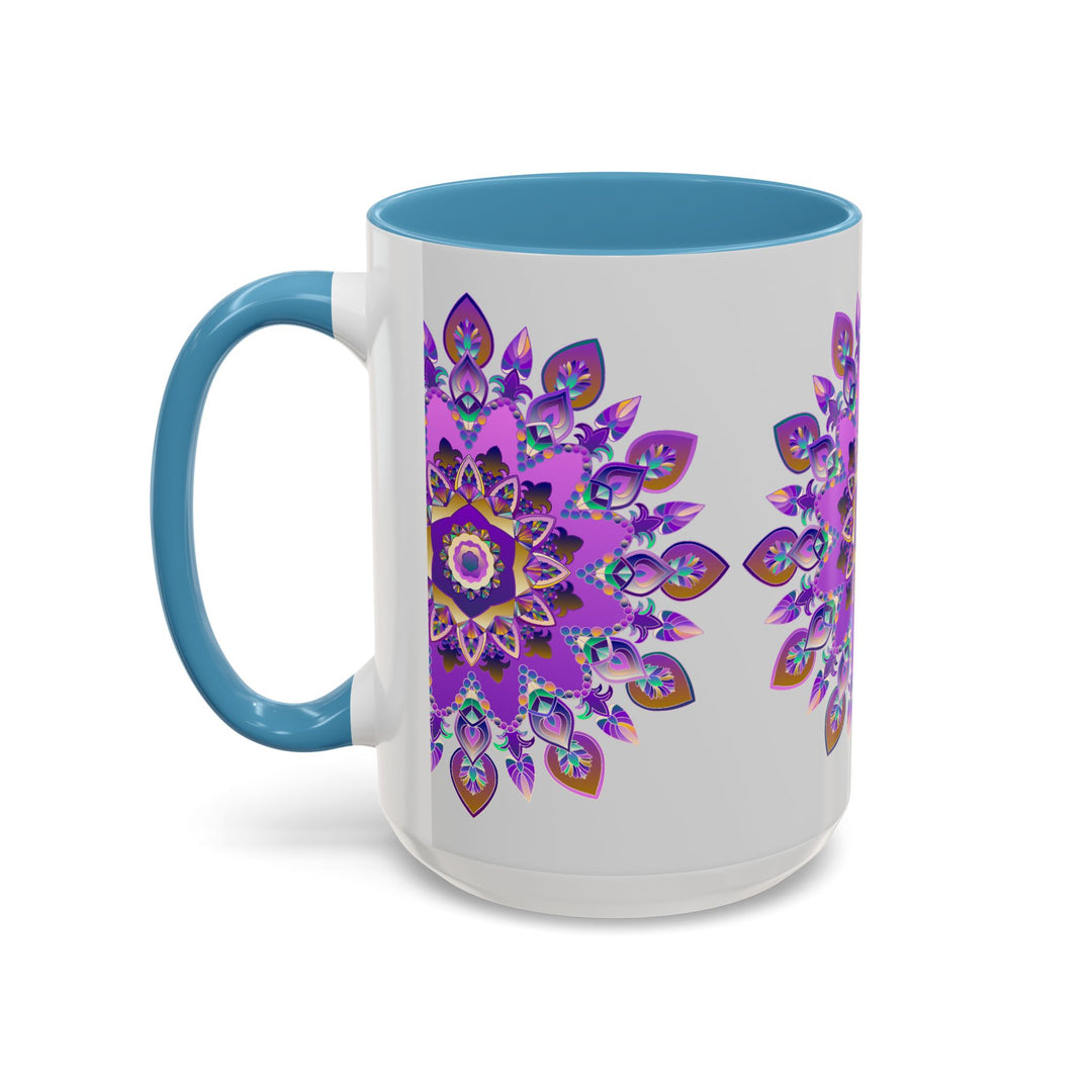 Beautiful purple and gold mandala mug with intricate bohemian art design