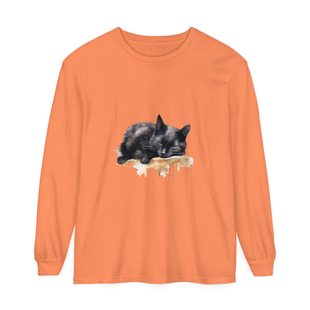 A beautiful watercolor illustration of a black cat sleeping on a t-shirt