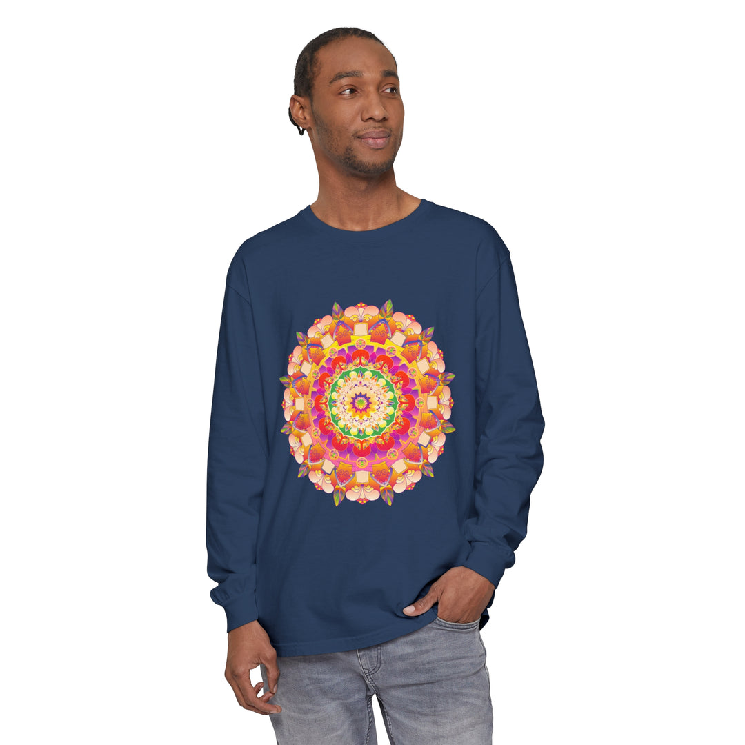 Colorful and intricate mandala design on a unisex long sleeve t-shirt