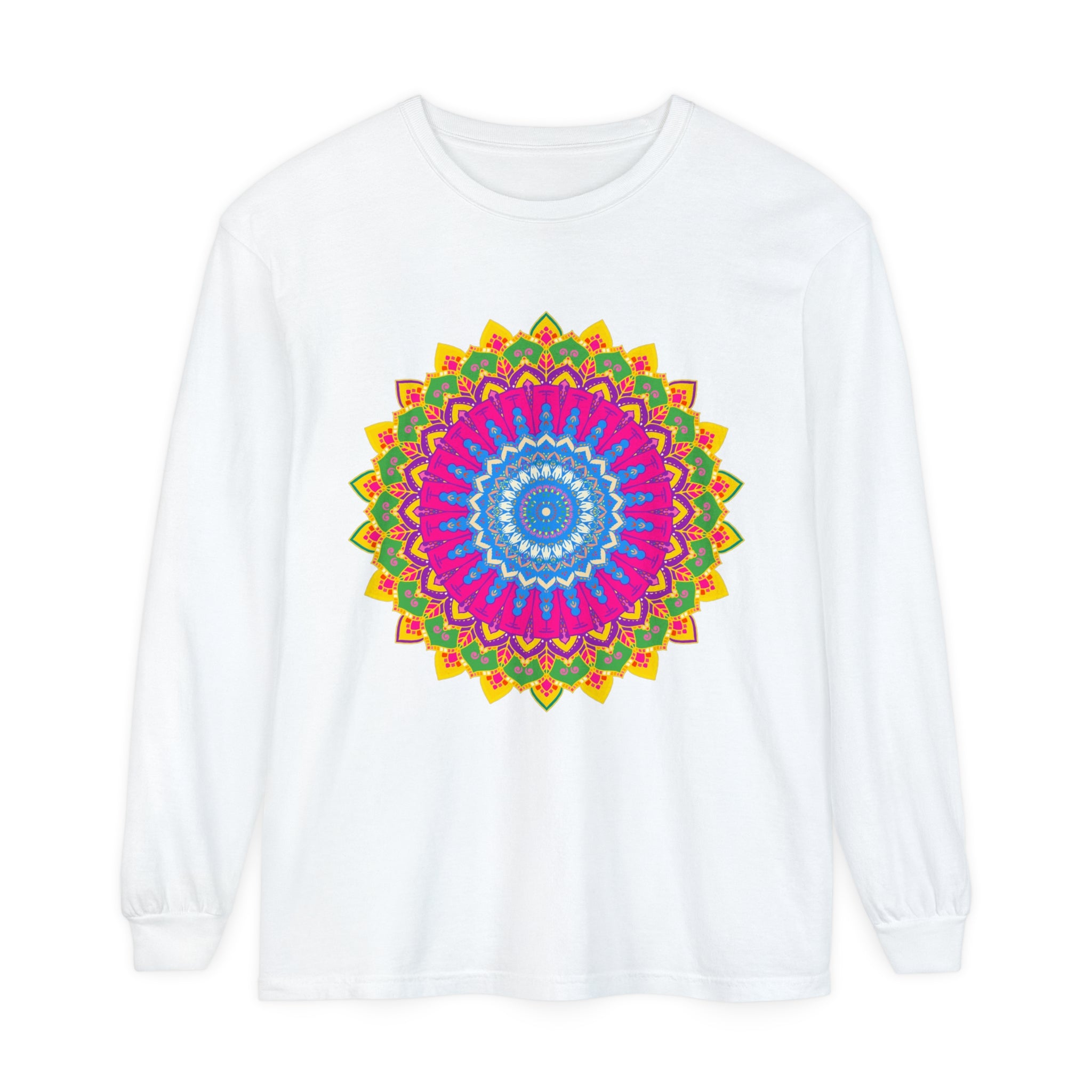 Vibrant Mandala Unisex Long Sleeve T-Shirt in Blue and Purple with Intricate Floral Design