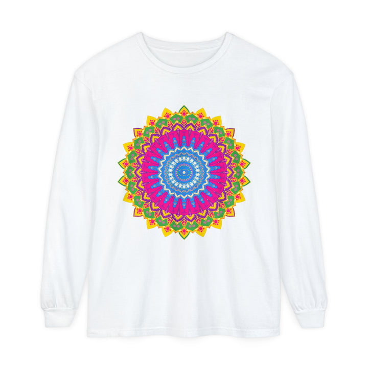 Vibrant Mandala Unisex Long Sleeve T-Shirt in Blue and Purple with Intricate Floral Design