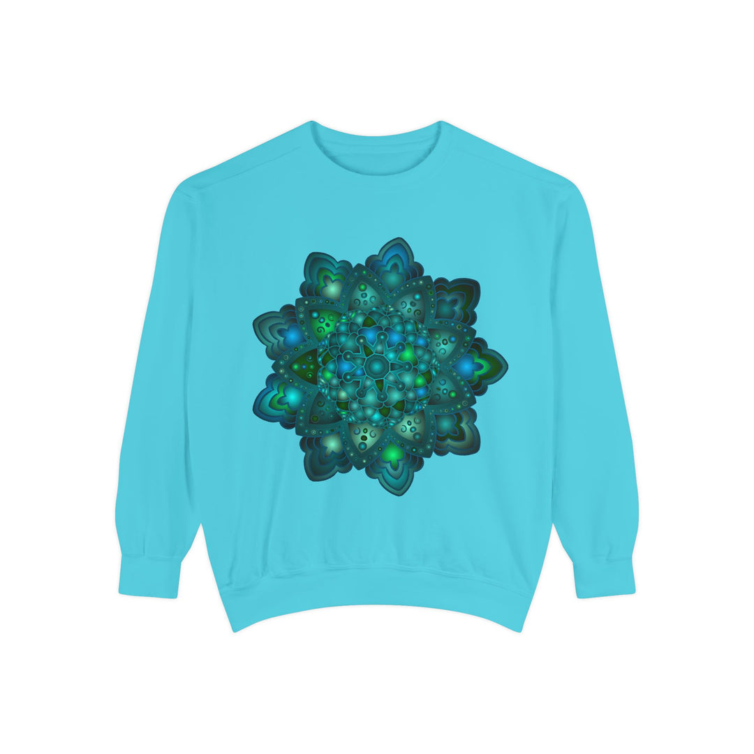 Intricate blue and green mandala sweatshirt with intricate design and vibrant colors