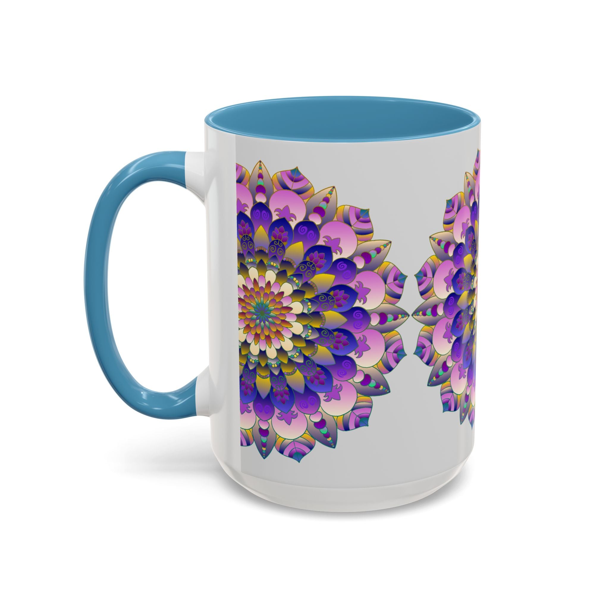 A beautiful mandala art mug with vibrant colors on a grey background