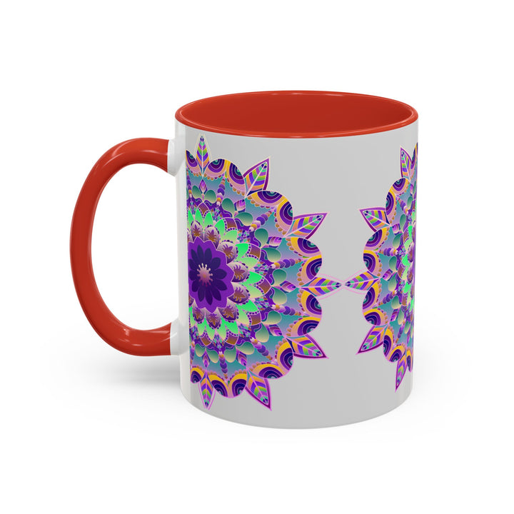 Vibrant mandala art mug in light grey with intricate and colorful design