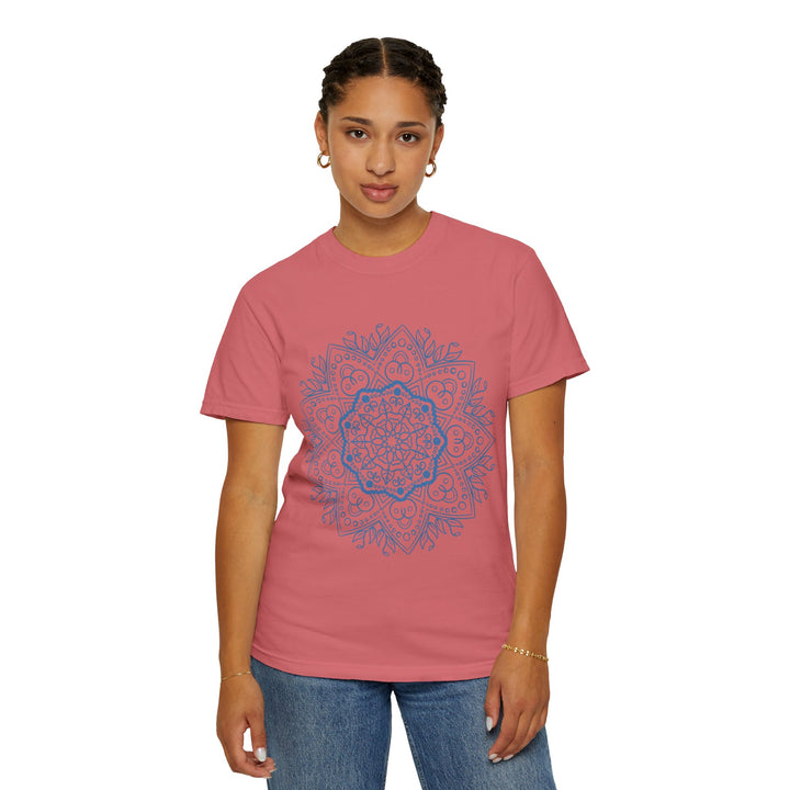 Colorful hand-drawn mandala art design on a unisex garment-dyed t-shirt