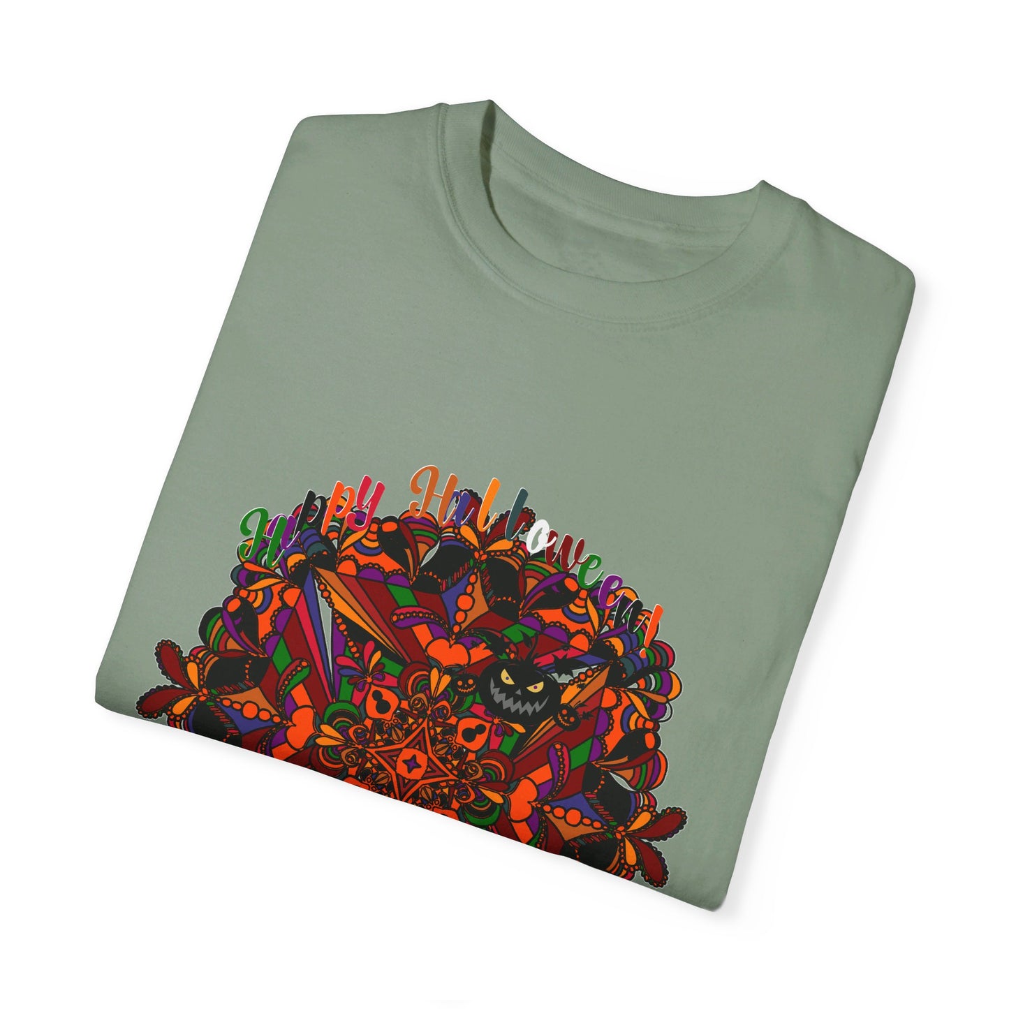 Unisex Halloween Mandala T-shirt featuring handmade pumpkin mandala art on a garment-dyed tee